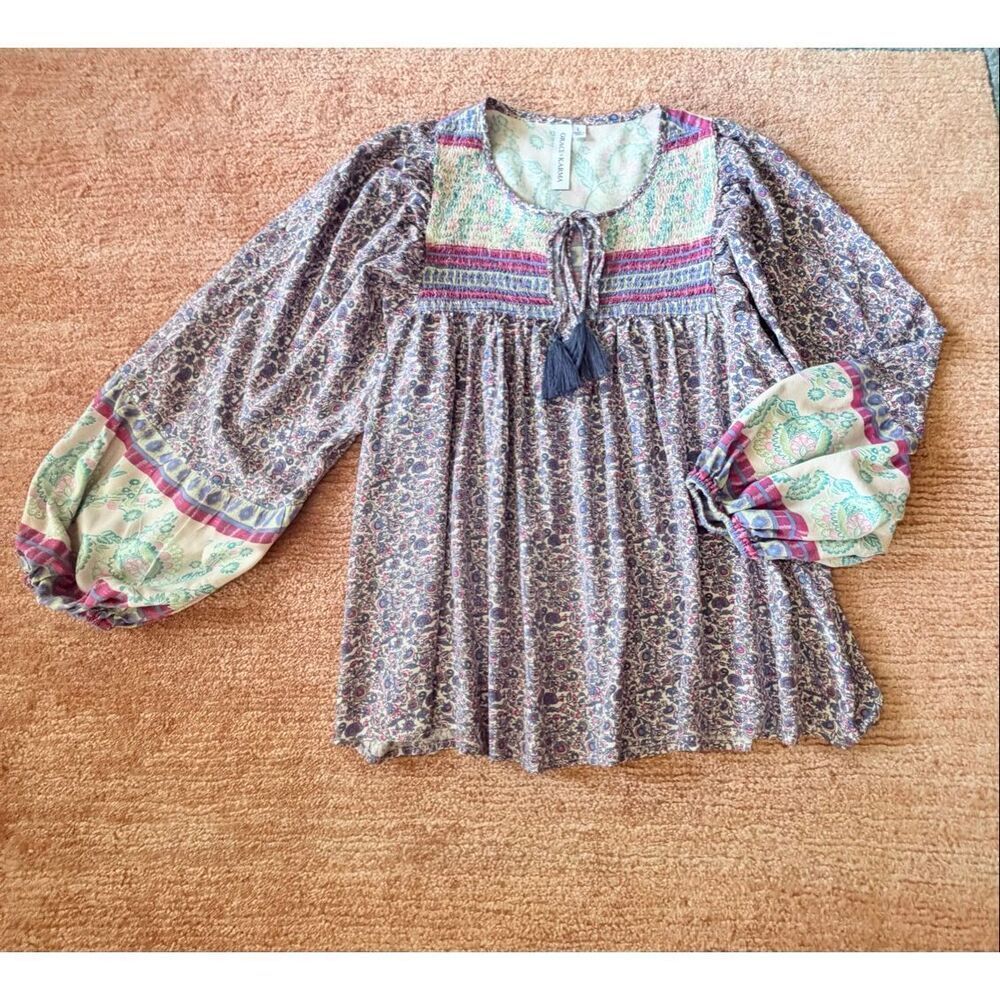 Grace + Karma Floral Boho Peasant Blouse Size L (Fits More Like M) Rayon Balloon